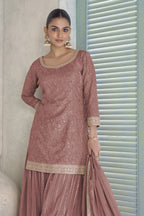Dusty Rose Chinon Silk Plazo Dress for Women with Embroidery Work - close-up view