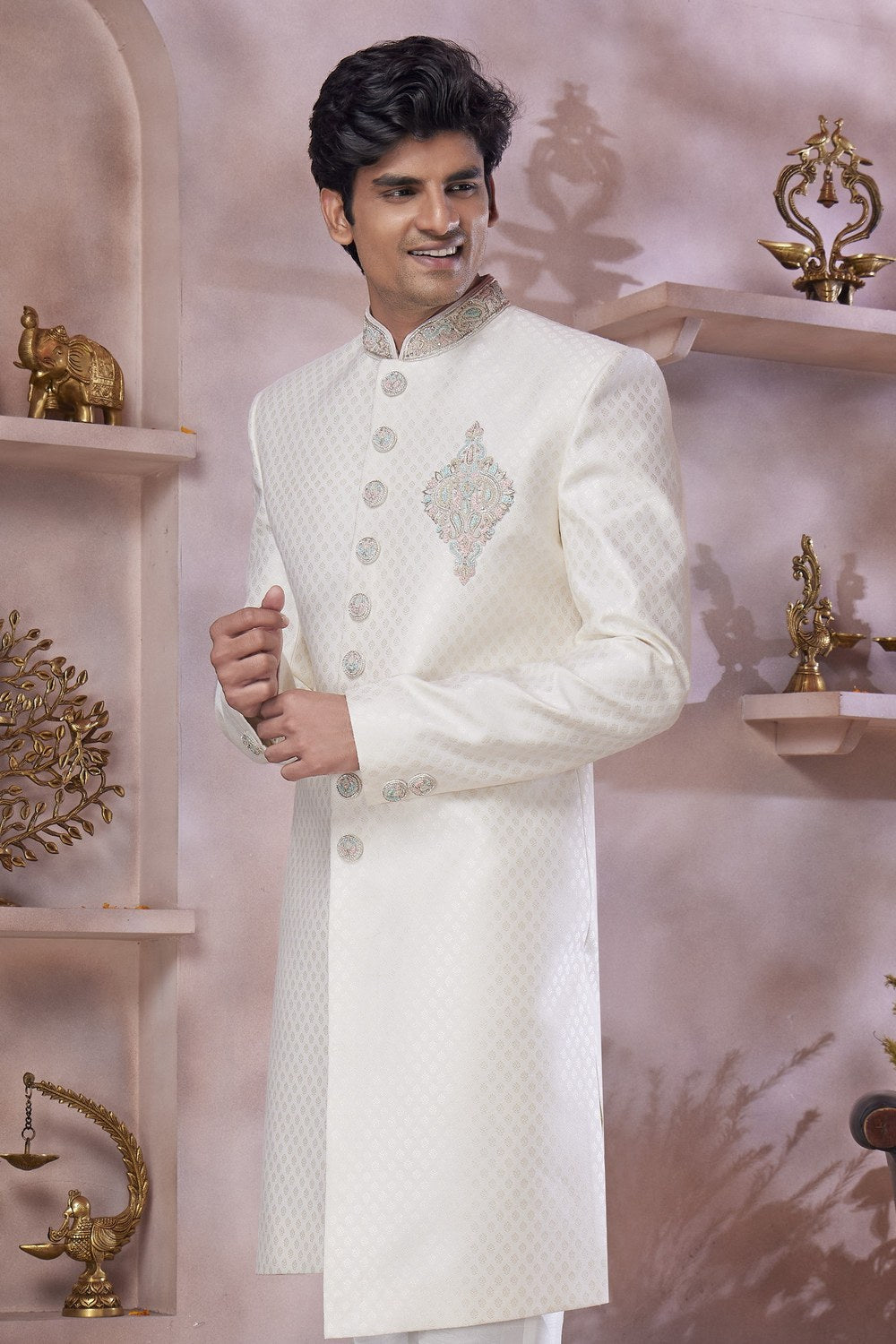 Cream Banarasi Silk Indo Western Traditional Sherwani Long Kurta & Pant Suit for Men for Wedding - Jacquard Work, Embroidery Work - close-up view