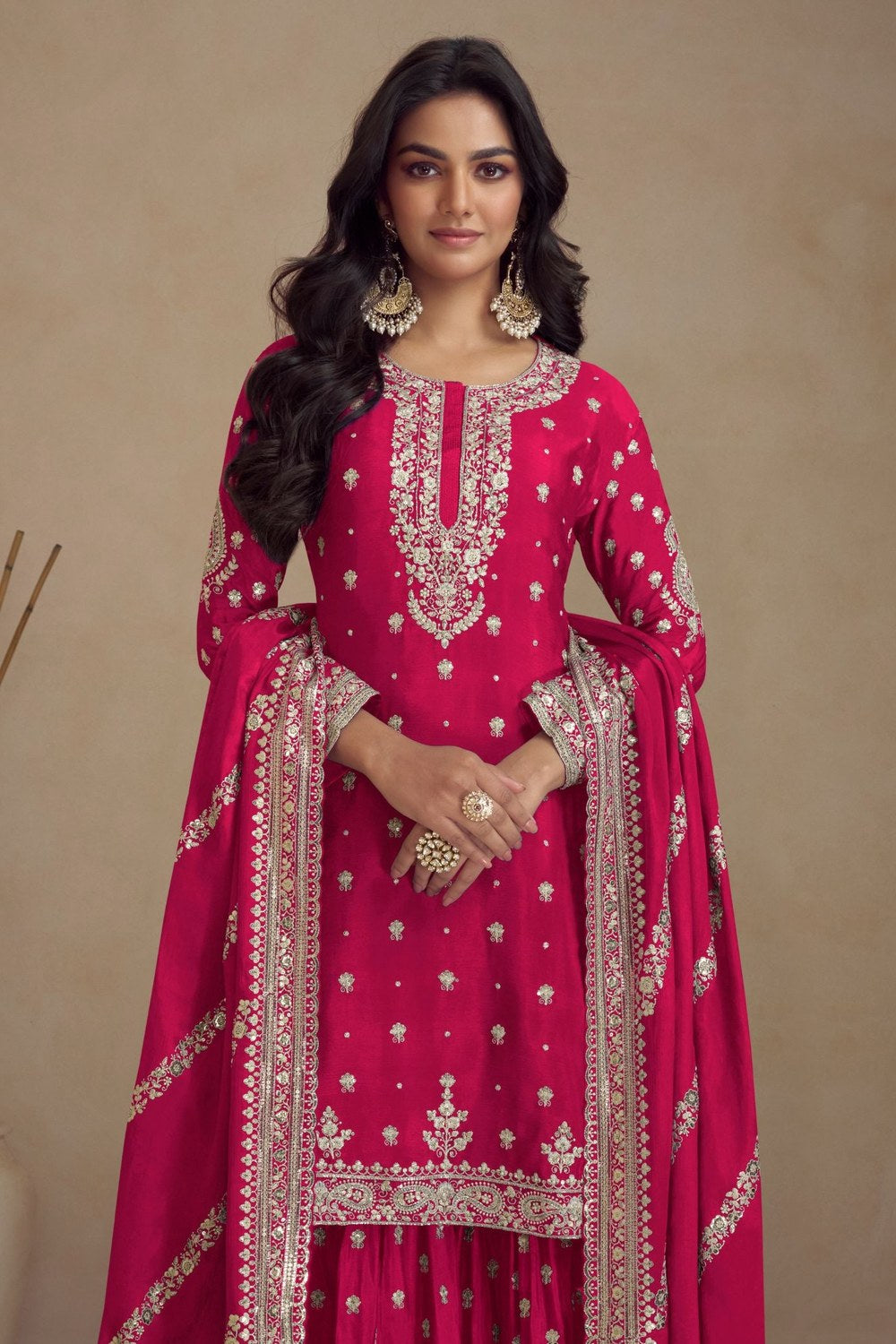 Red Chinon Silk Plazo Suit For Indian Weddings & Pakitani Festival - Embroidery Work RTS - close-up view