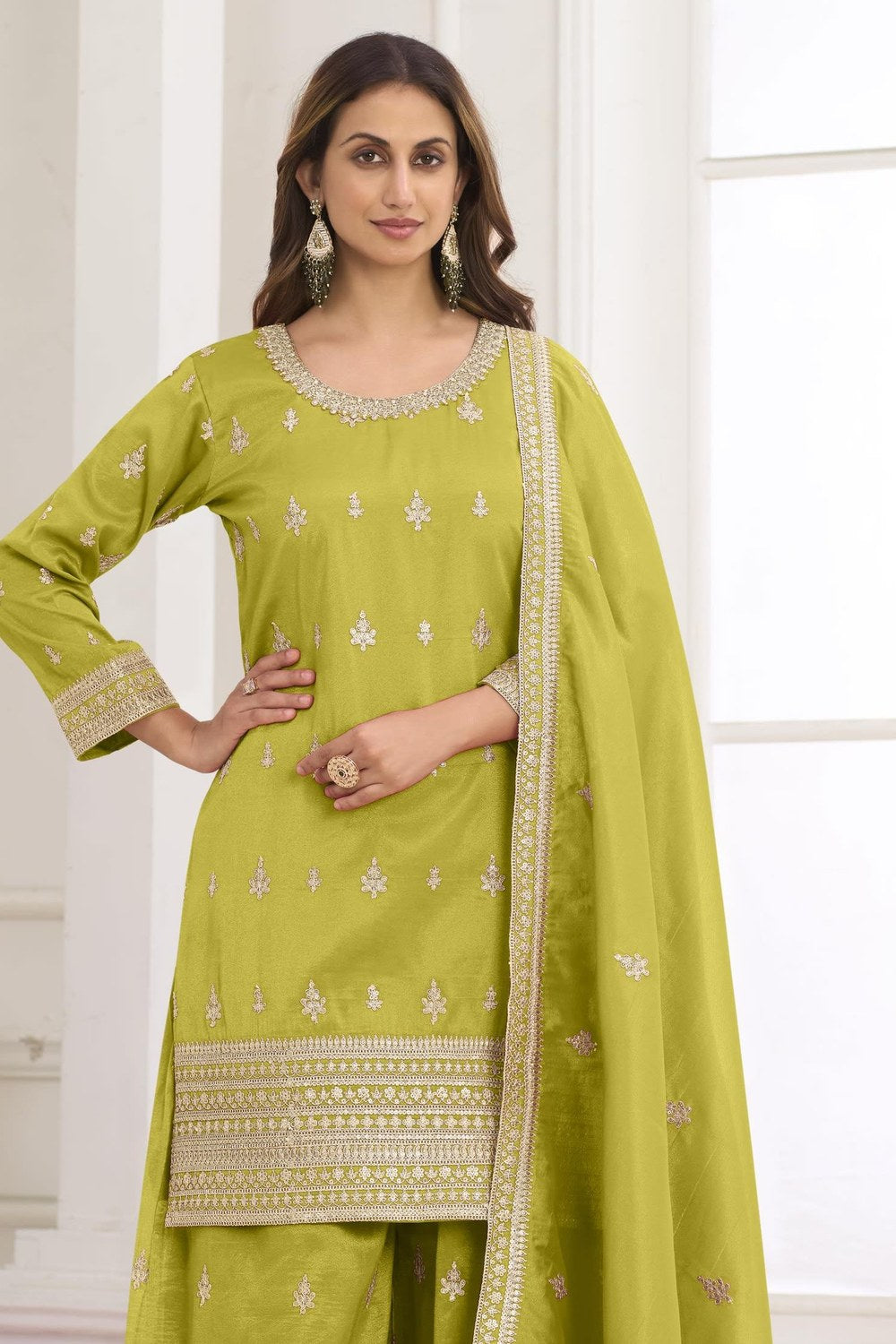 Olive Green Wedding Guest Outfit Palazzo Suit in Simmer Silk & Embroidery Work - close-up view