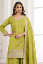 Olive Green Wedding Guest Outfit Palazzo Suit in Simmer Silk & Embroidery Work - close-up view