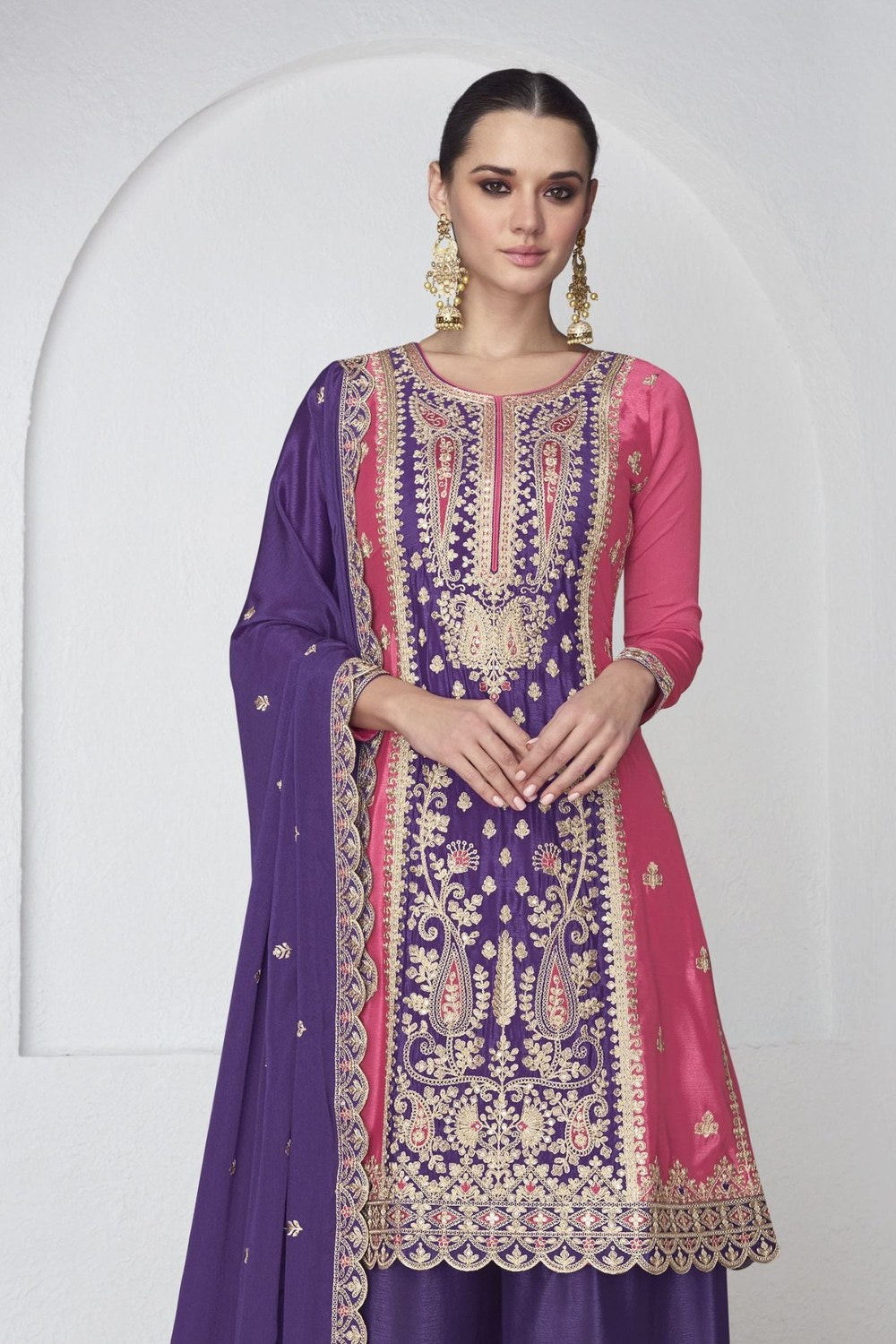 Purple Chinon Silk Palazzo Suit For Indian Wedding & Pakitani Festival - Embroidery Work - close-up view