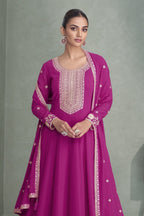 Magenta Georgette Anarkali Suit For Indian & Pakistani Wedding Festival - Embroidery Work - close-up view