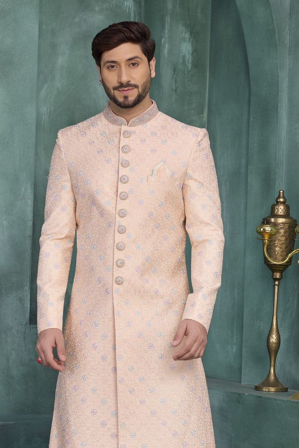 Cream Pink Kurta Pyjama for Men - Thread Work Sherwani - close-up view