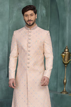 Cream Pink Kurta Pyjama for Men - Thread Work Sherwani - close-up view