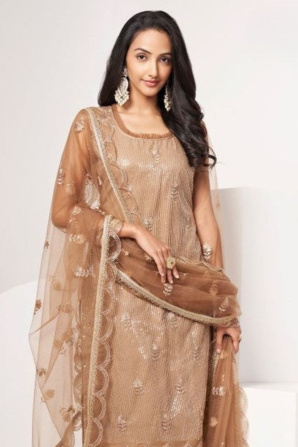 Brown Net Kurti and Pant Set with Sequin Work & Thread Embroidery - close-up view