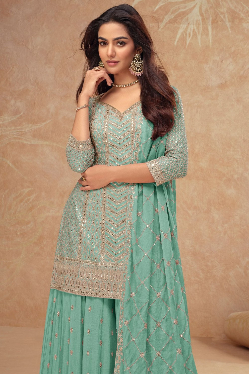 Light Teal Chinon Silk Plazo Suit For Indian Weddings & Pakitani Festival - Embroidery Work - close-up view
