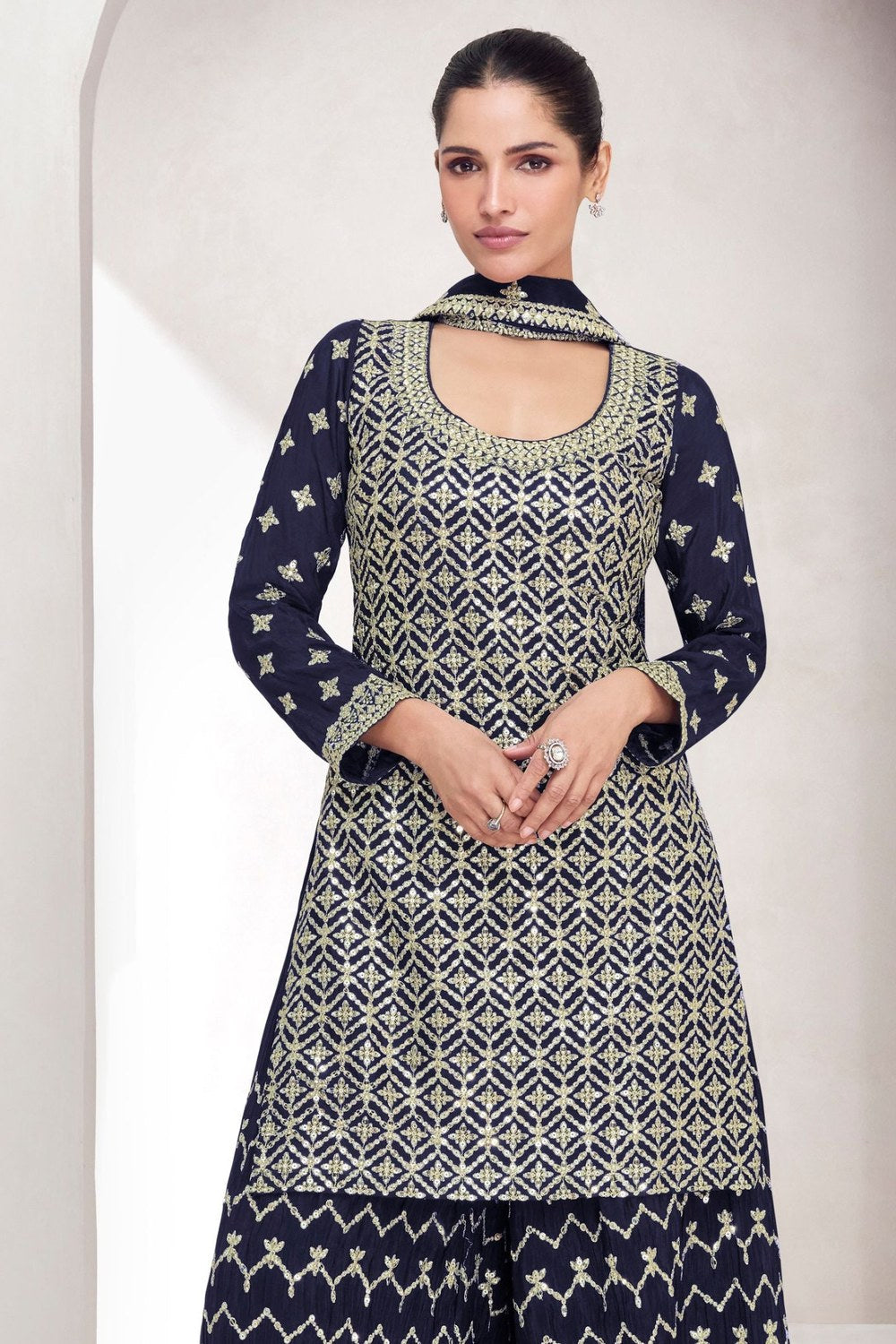 Navy Blue Chinon Silk Plazo Suit Dress For Pakstani Wedding & Festival - Embroidery Work - close-up view