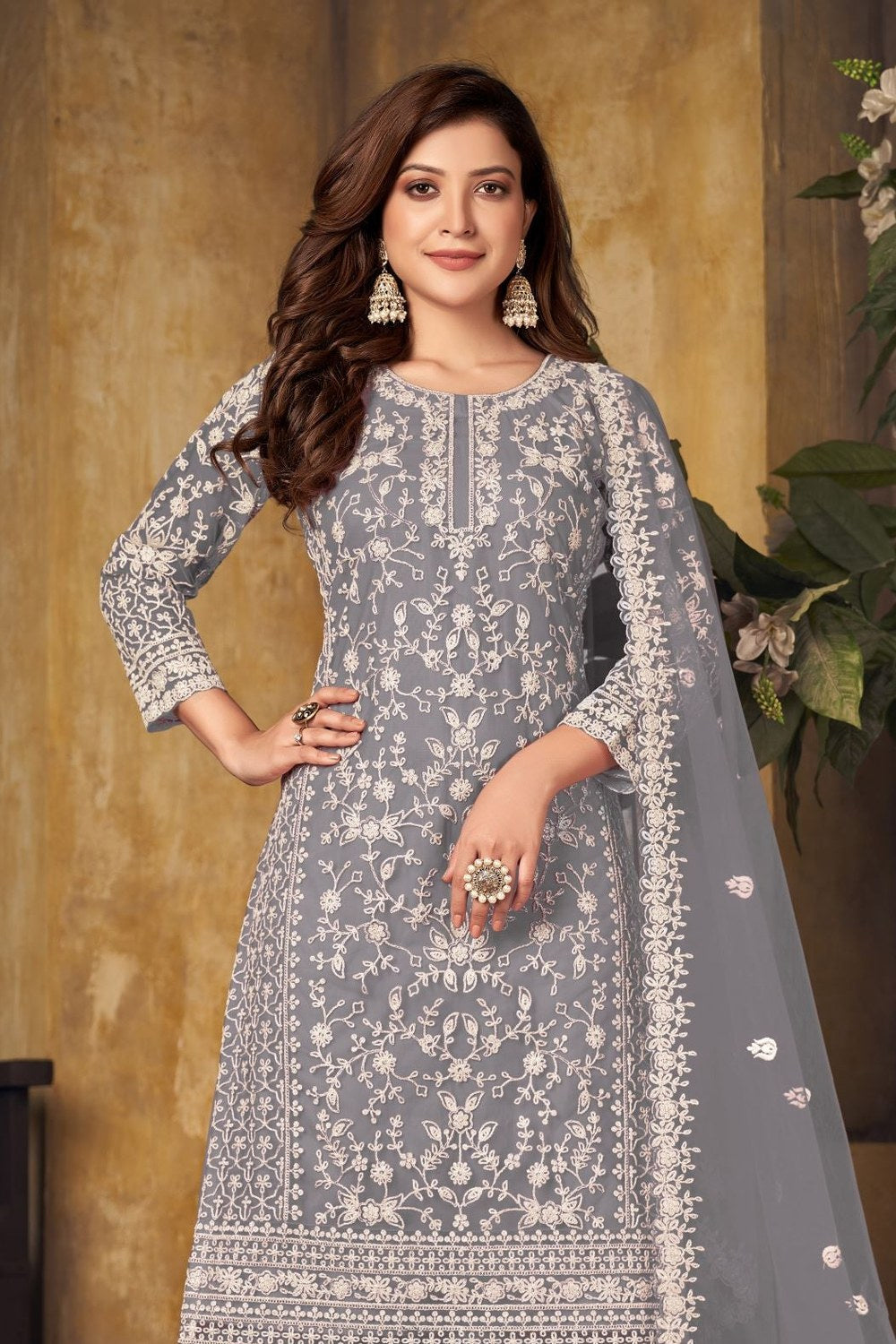 Grey Net Plazo with Thread Embroidery Work for Sangeet Outfits for Women - close-up view