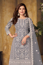 Grey Net Plazo with Thread Embroidery Work for Sangeet Outfits for Women - close-up view