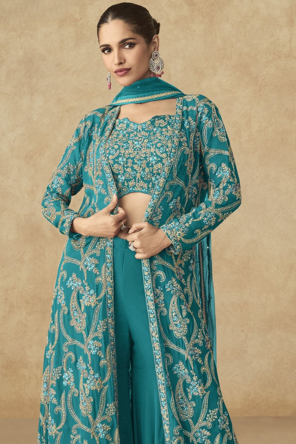 Teal Georgette Palazzo with Choli & Jacket For Wedding & Indian Festival - Embroidery Work - close-up view