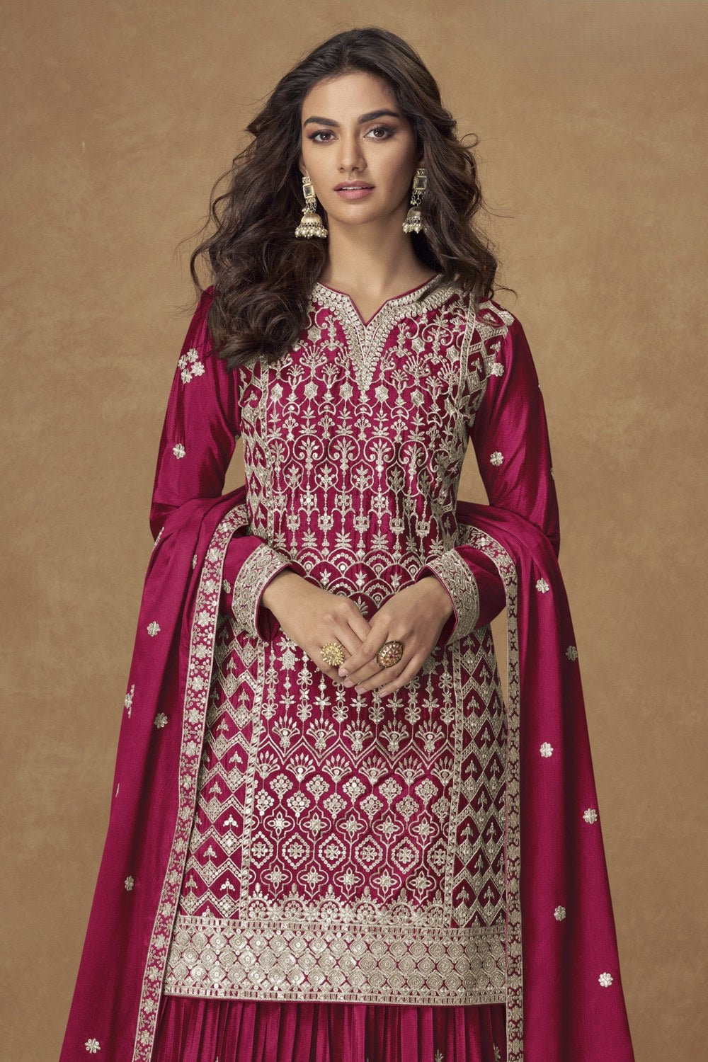 Dark Pink Chinon Silk Kameez With Plazzo Suit For Indian & Pakistani Wedding Festival - Thread & Sequence Embroidery - close-up view