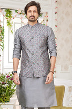 Grey Art Silk Kurta Pajama with Waistcoat Jacket for Men for Festivals & Wedding - Embroidery Work - close-up view