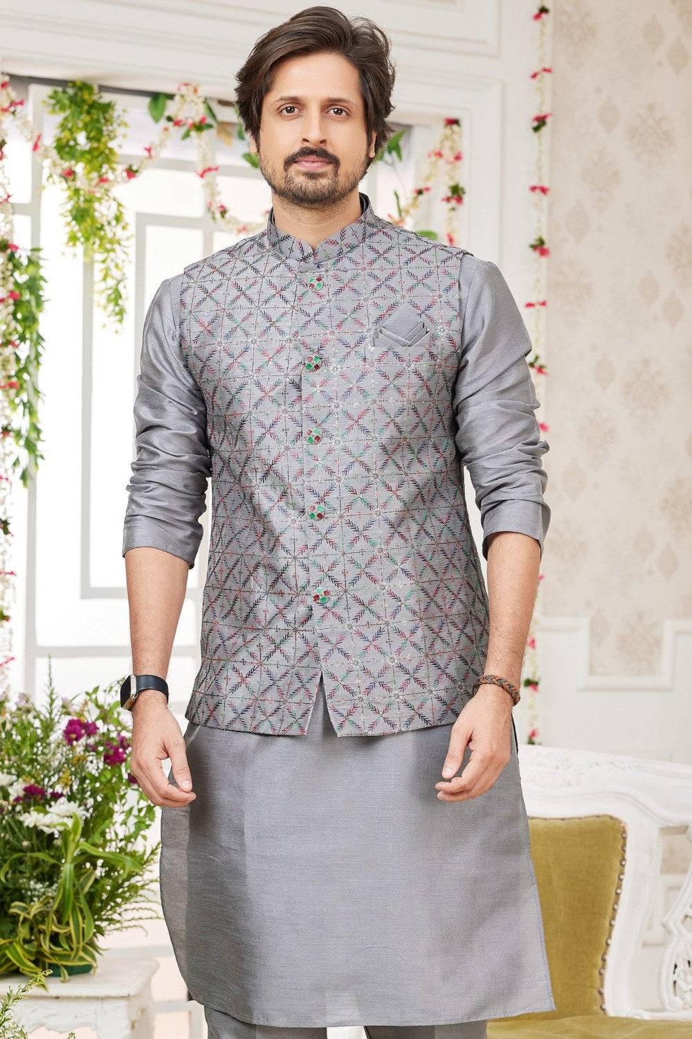 Grey Art Silk Kurta Pajama with Waistcoat Jacket for Men for Festivals & Wedding - Embroidery Work - close-up view