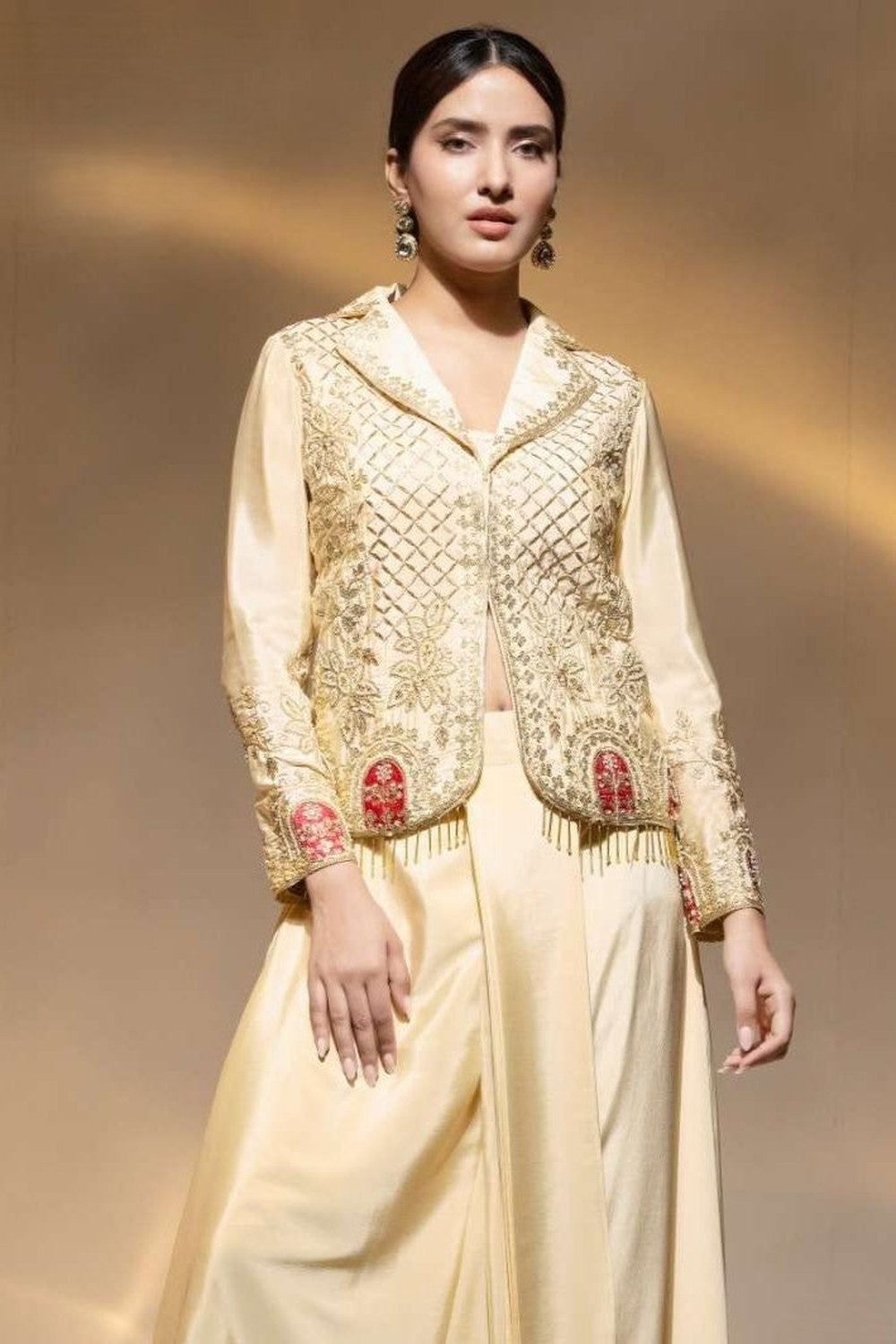 Beige Crepe Collar Kameez With Cowl Draped Skirt For Indian & Pakistani Wedding Festival - Bead Work, Dori Work - close-up view