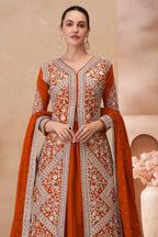 Rust Color Chinon Silk Kameez With Skirt For Indian & Pakistani Wedding Festival - Embroidery Work - close-up view