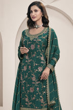 Dark Green Chinon Silk Palazzo Suit For Indian Wedding & Pakistani Festival - Embroidery Work - close-up view