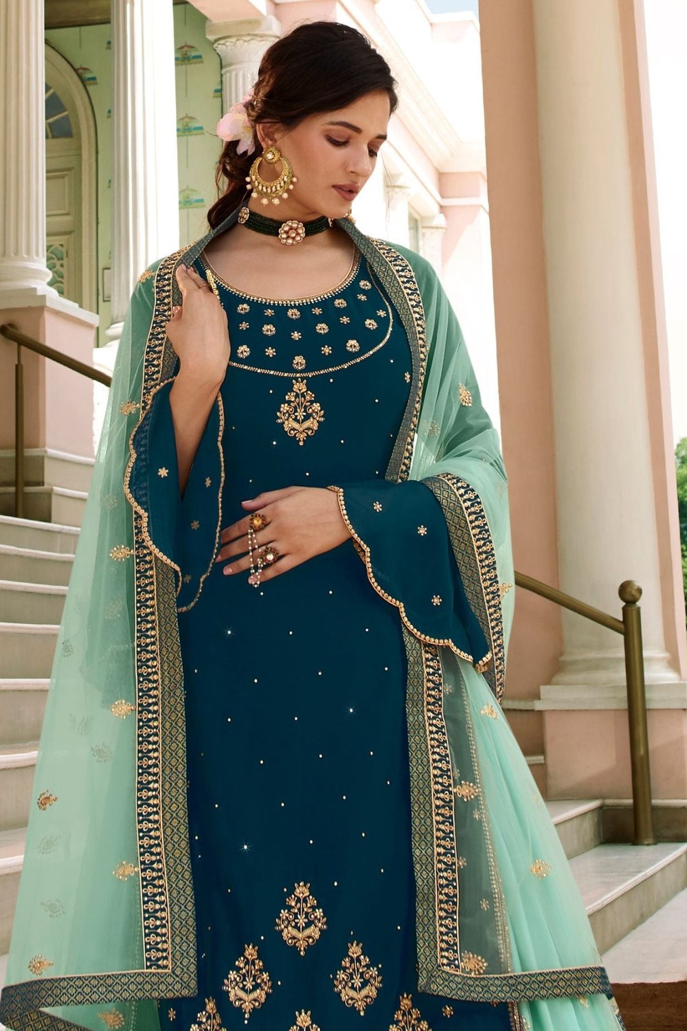 Teal Blue Satin Georgette Kameez with Skirt For Indian & Pakistani Wedding Festivals - Embroidery Work 1150 - close-up view