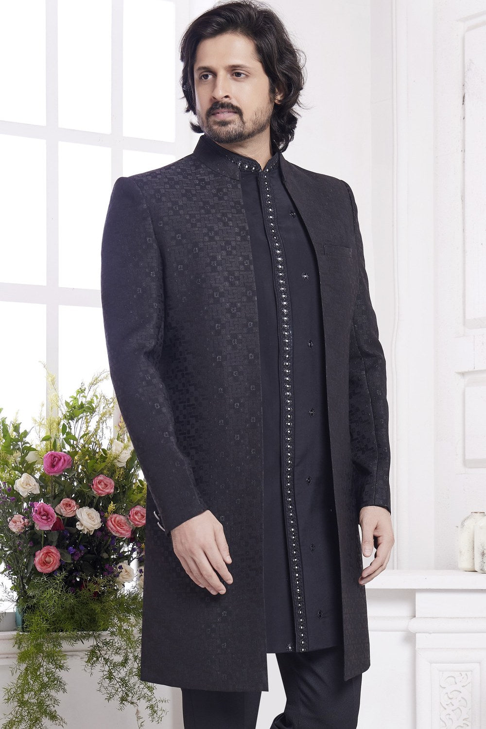 Black Jacquard Silk Indo Western Traditional Sherwani Kurta with Jacket & Pant for Men for Wedding - Embroidery Work - close-up view