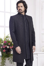 Black Jacquard Silk Indo Western Traditional Sherwani Kurta with Jacket & Pant for Men for Wedding - Embroidery Work - close-up view