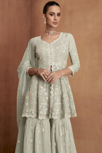Sharara for Women in Dusty Green with Georgette Thread Embroidery Work - close-up view