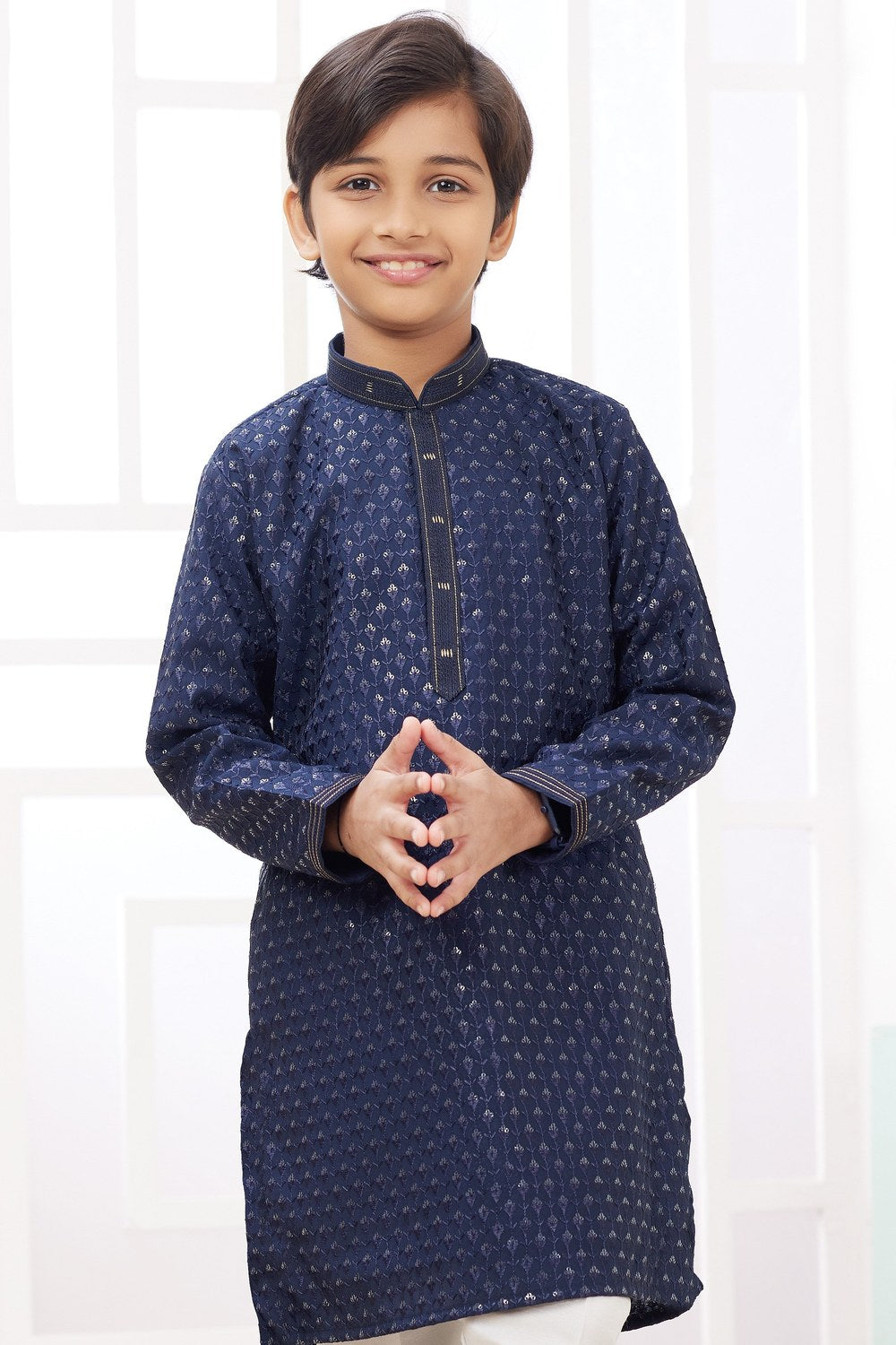 Navy Blue Art Silk 2 Piece Kids Wear Boys Suit Long Kurta Pajama for Kids for Festivals & Wedding - Embroidery Work - close-up view