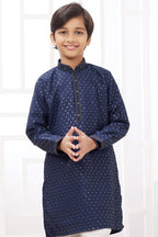 Navy Blue Art Silk 2 Piece Kids Wear Boys Suit Long Kurta Pajama for Kids for Festivals & Wedding - Embroidery Work - close-up view