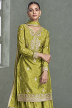 Green Chinon Silk Plazo Suit For Mehndi For Indian & Pakistani Wedding Festival - Print Work, Embroidery Work - close-up view