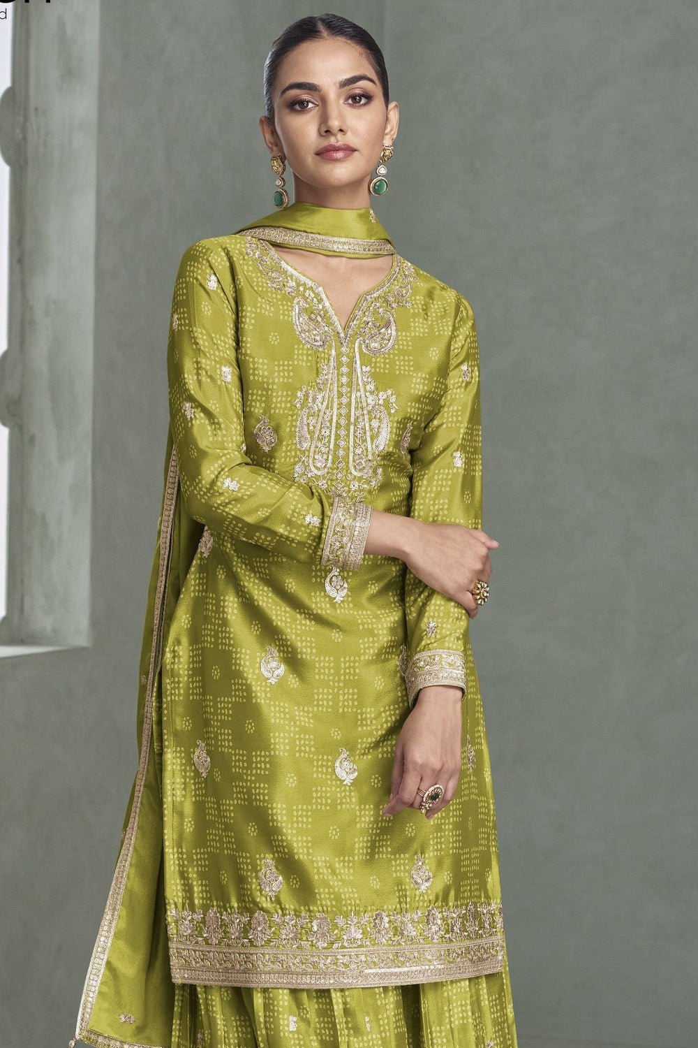 Green Chinon Silk Plazo Suit For Mehndi For Indian & Pakistani Wedding Festival - Print Work, Embroidery Work - close-up view