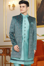 Green Art Silk Indo Western Suit Long Kurta with Jacket & Pant for Men for Wedding - Thread Embroidery Work - close-up view