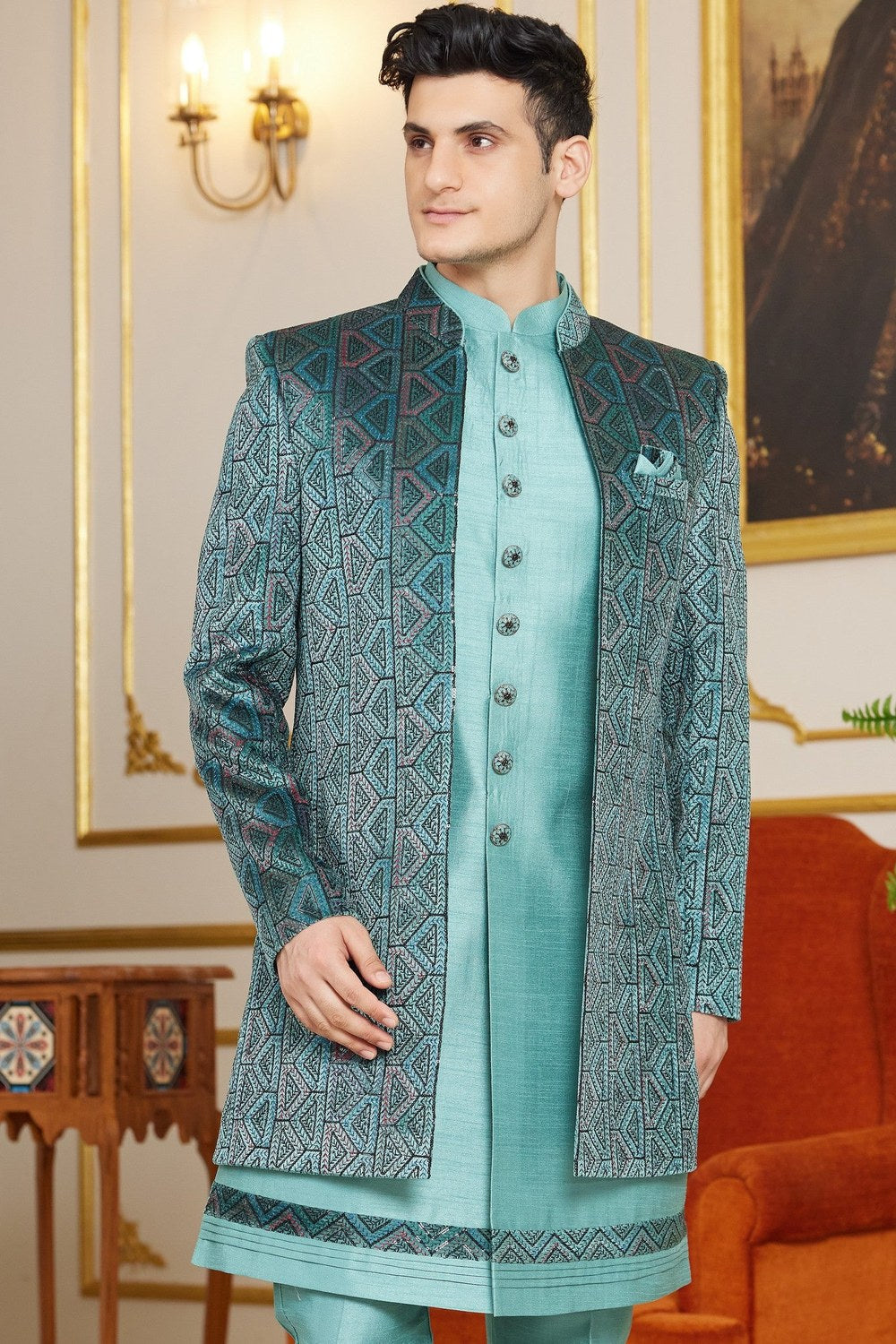 Green Art Silk Indo Western Suit Long Kurta with Jacket & Pant for Men for Wedding - Thread Embroidery Work - close-up view