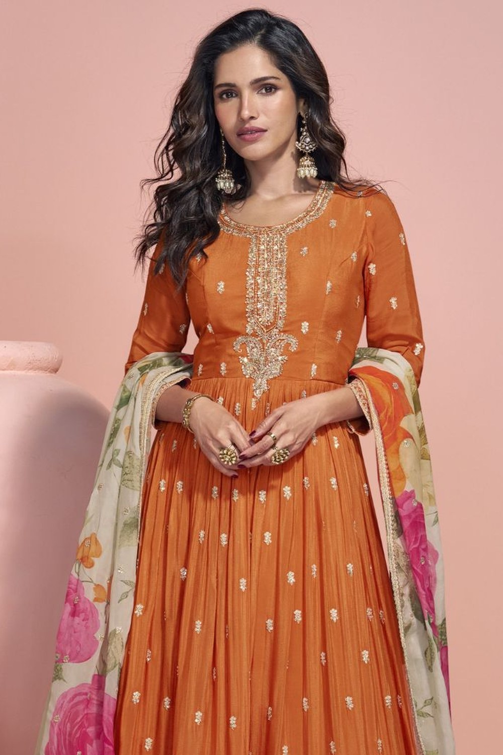 Orange Chinon Silk Long Anarkali for Wedding Reception Gowns Indian - Embroidery Work - close-up view
