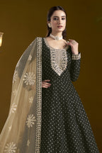 Black Chanderi Silk Anarkali Dress for Reception - close-up view