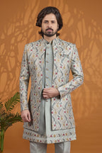 3 Piece Sherwani for Men Wedding in Greenish Grey Art Silk - Thread Work - close-up view