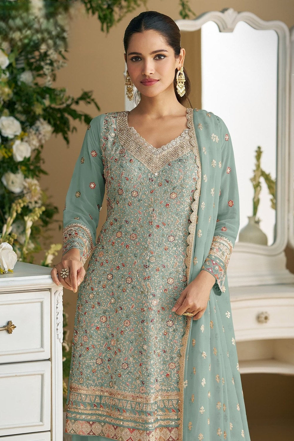 Shop Sea Green Georgette Palazzo Suit