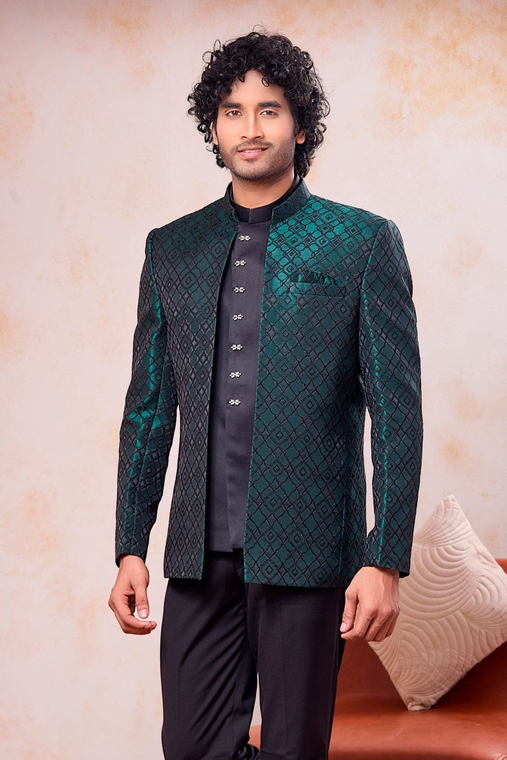 Teal Black 3 Piece Jodhpuri Suit, Jacket & Pant - India Traditional Clothing Men - close-up view