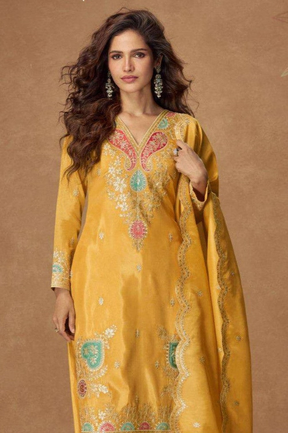 Golden Indian Palazzo Suits Online with Embroidery in Simmer Silk - close-up view