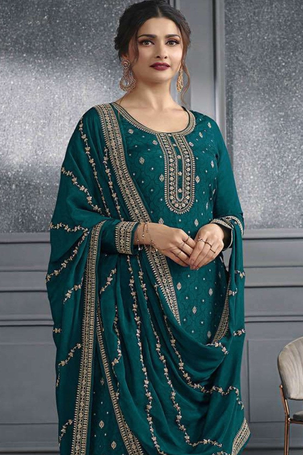 Dark Teal Jacquard Silk Kameez With Pant For Wedding & Festival - Embroidery Work - close-up view