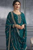 Dark Teal Jacquard Silk Kameez With Pant For Wedding & Festival - Embroidery Work - close-up view