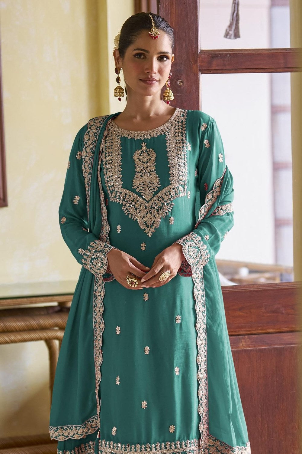 Teal Chinon Silk Kameez With Pant For Indian & Pakistani Wedding Festival - Sequins Embroidery Work, Dori Work - close-up view