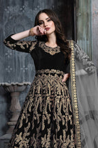 Black Velvet Suit Women Anarkali with Embroidery Work - close-up view