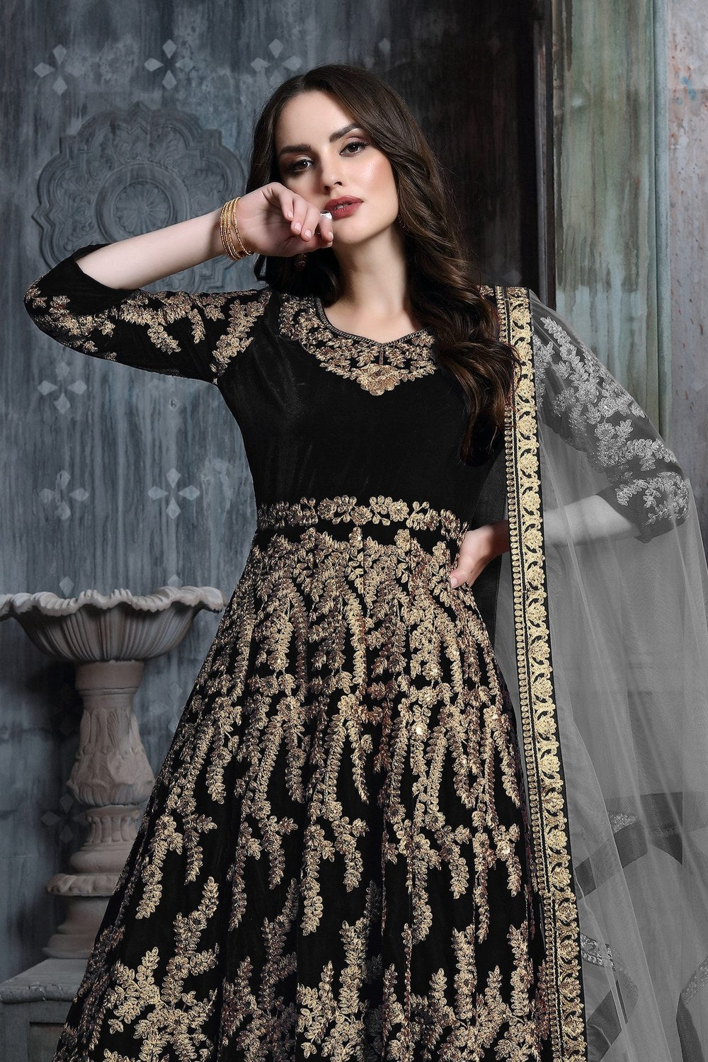 Black Velvet Suit Women Anarkali with Embroidery Work - close-up view