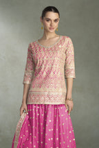 Pink Plazo Suit Design for Wedding in Simmer Silk with Embroidery Work - close-up view