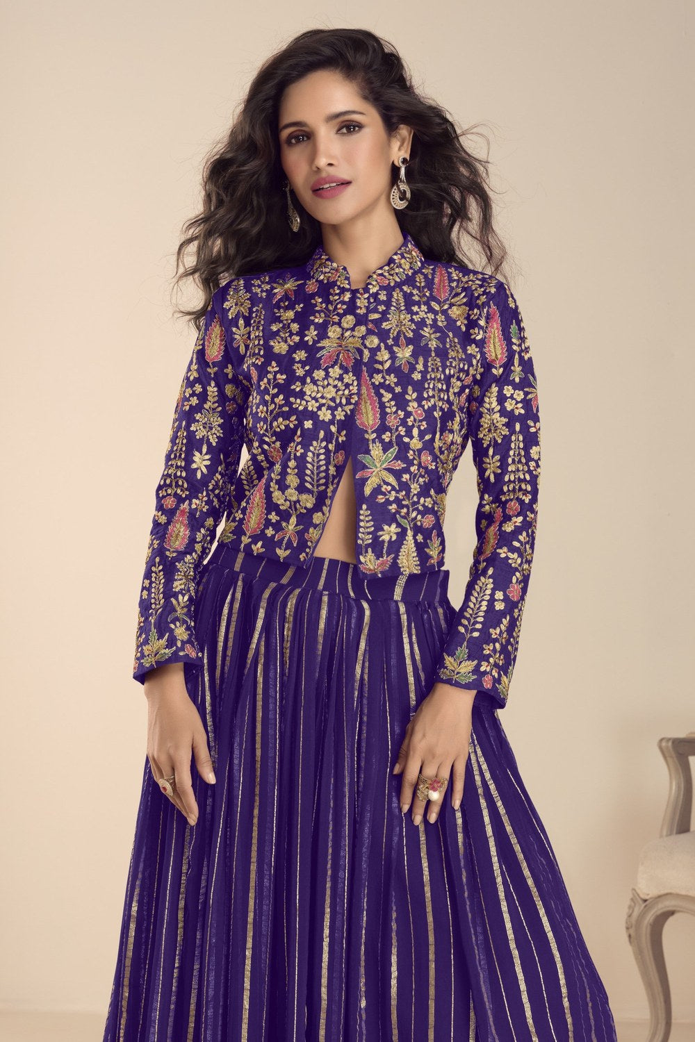 Purple Vichitra Silk Long Sleeves Lehenga with Sequins Embroidery Work - close-up view