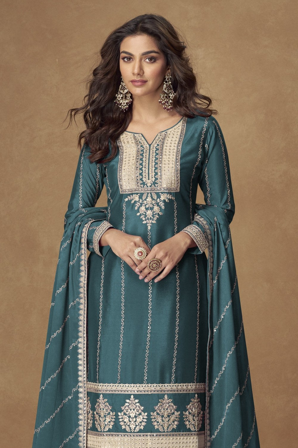 Teal Chinon Silk Plazo Suit For Indian & Pakistani Wedding Festival - Thread Embroidery Work - close-up view