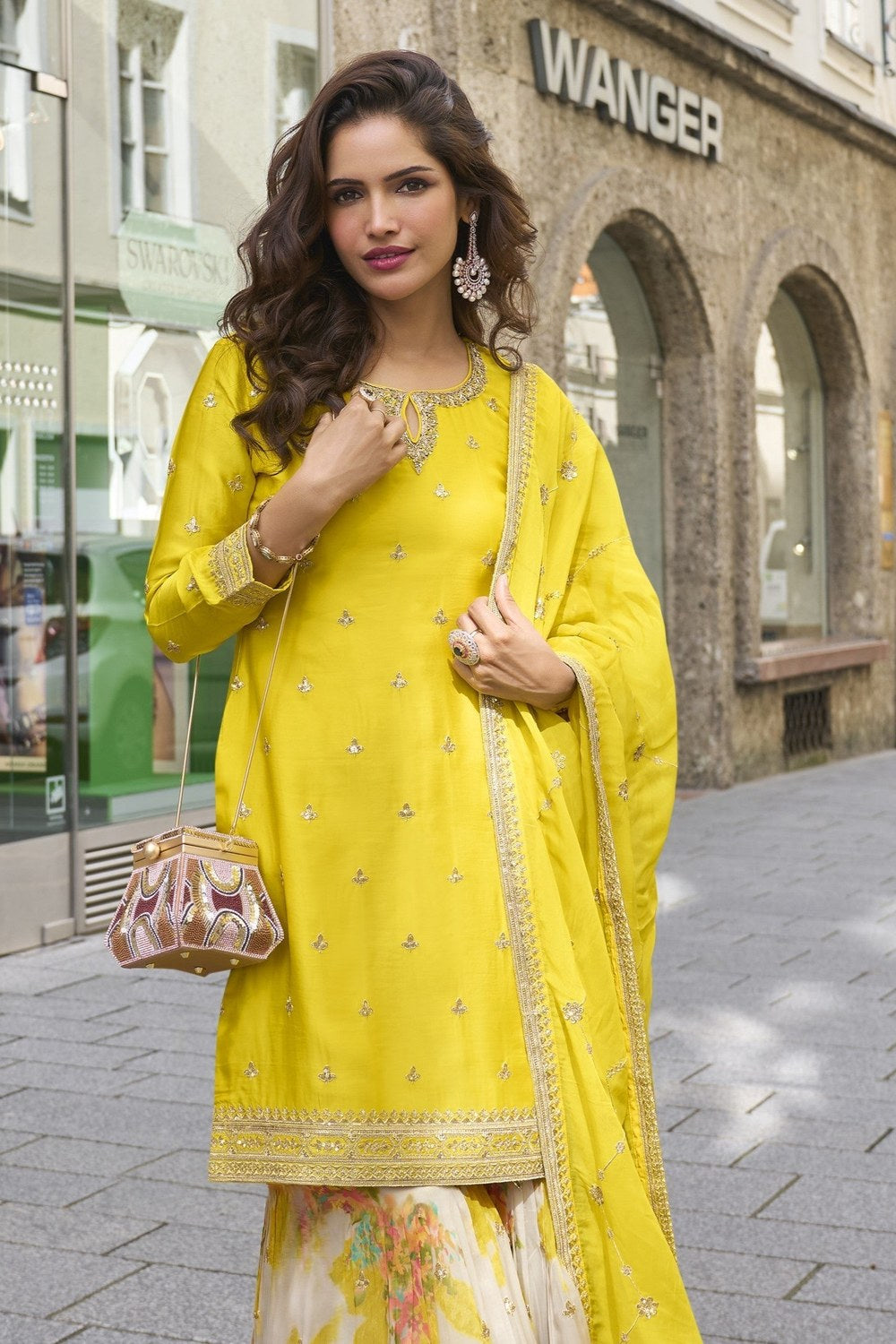 Yellow Chinon Silk Kameez With Palazzo Suit For Indian & Pakistani Wedding Festival - Print Work, Thread & Sequence Embroidery - close-up view