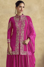 Dark Pink Chinon Silk Plazo Suit For Indian Weddings & Pakistani Festival - Embroidery Work - close-up view