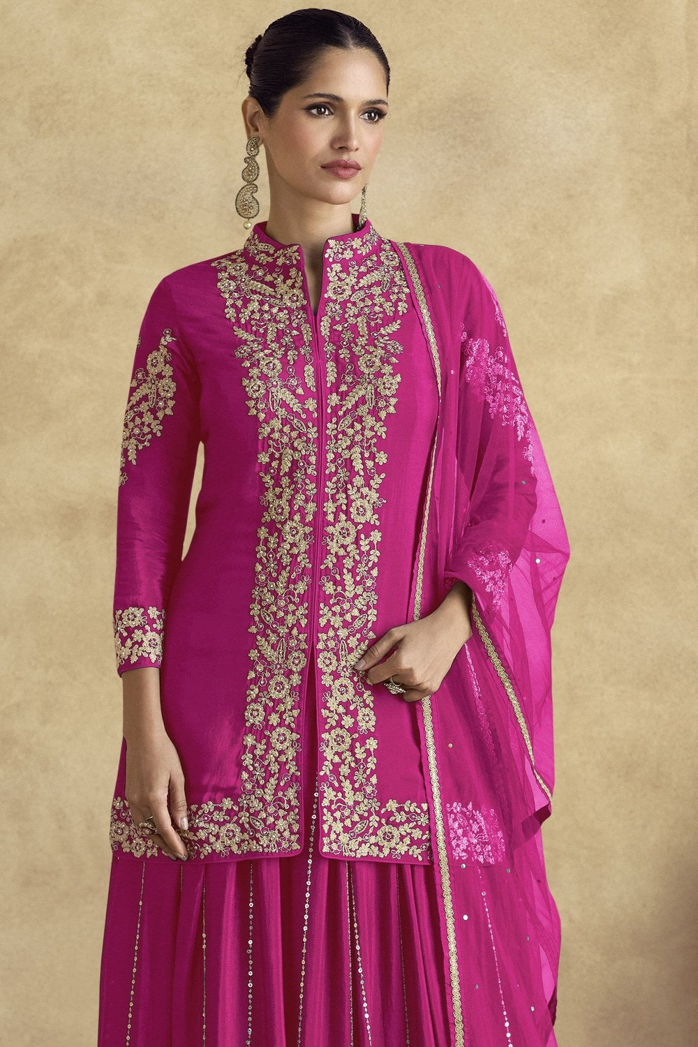 Dark Pink Chinon Silk Plazo Suit For Indian Weddings & Pakistani Festival - Embroidery Work - close-up view