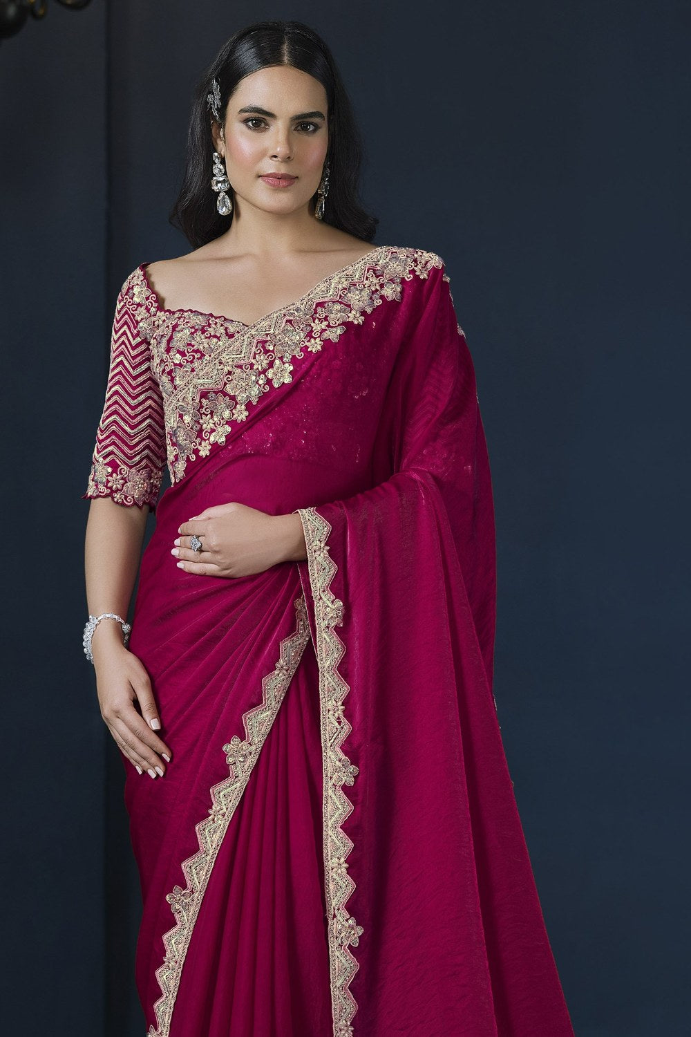 Red Satin Silk Saree With Stitched Blouse For Indian & Pakistani Wedding Festival - Sequence Embroidery Work, Hand Work - close-up view