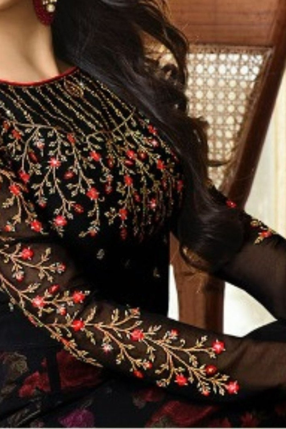Black Georgette Anarkali Suit Indian Wedding Wear for Guests - Embroidery Work - hem and footwear detail
